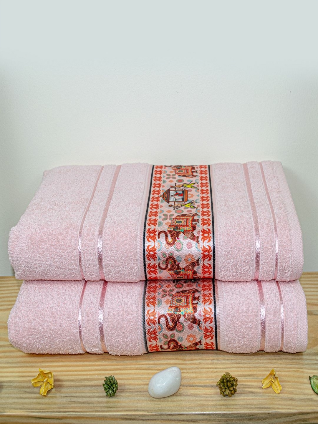 

RANGOLI Peach-Coloured & Blue 2 Pieces Printed Pure Cotton 450 GSM Bath Towel