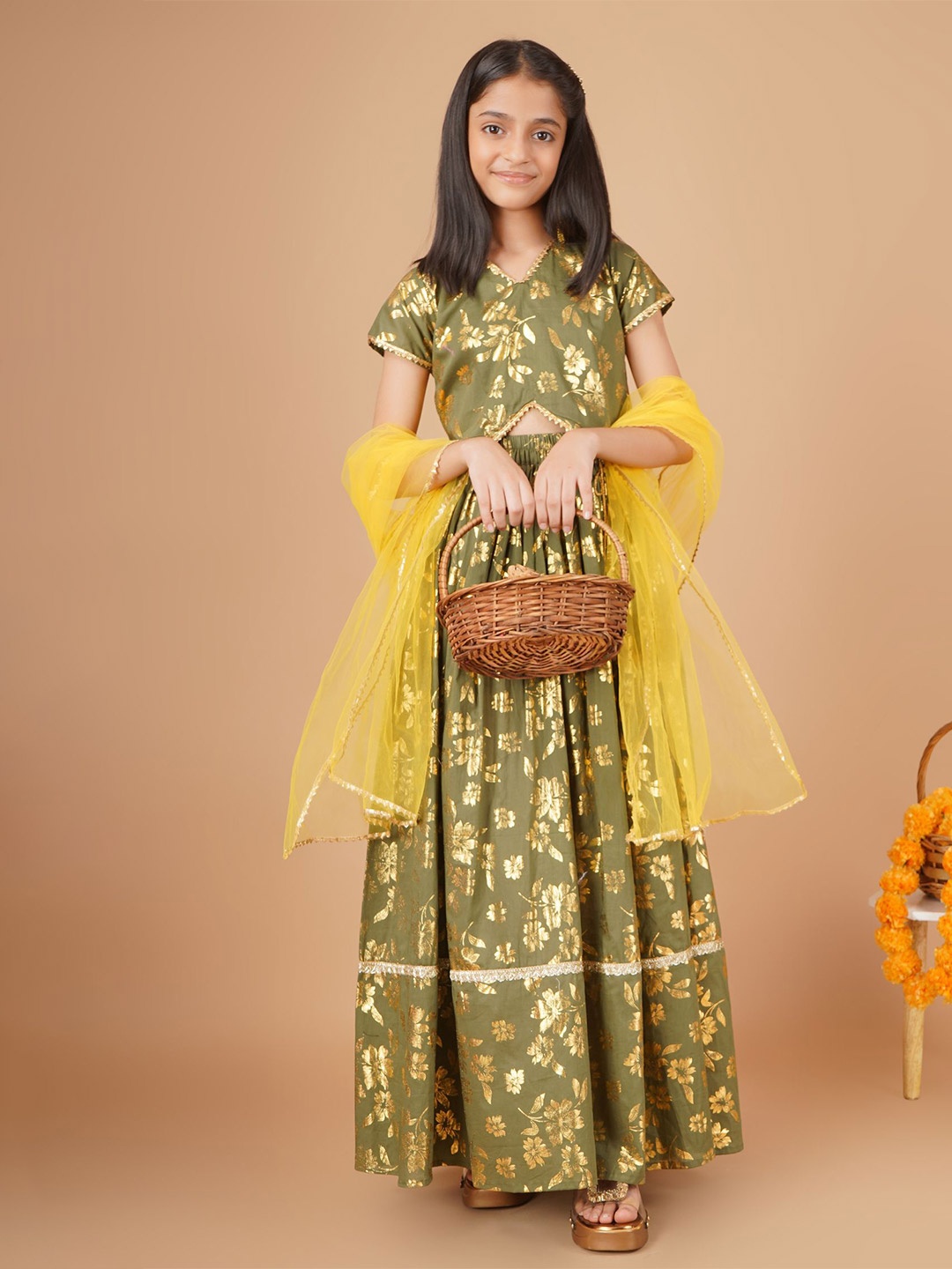 

Unique Designers Girls Printed Zari Ready to Wear Lehenga & Blouse With Dupatta, Green