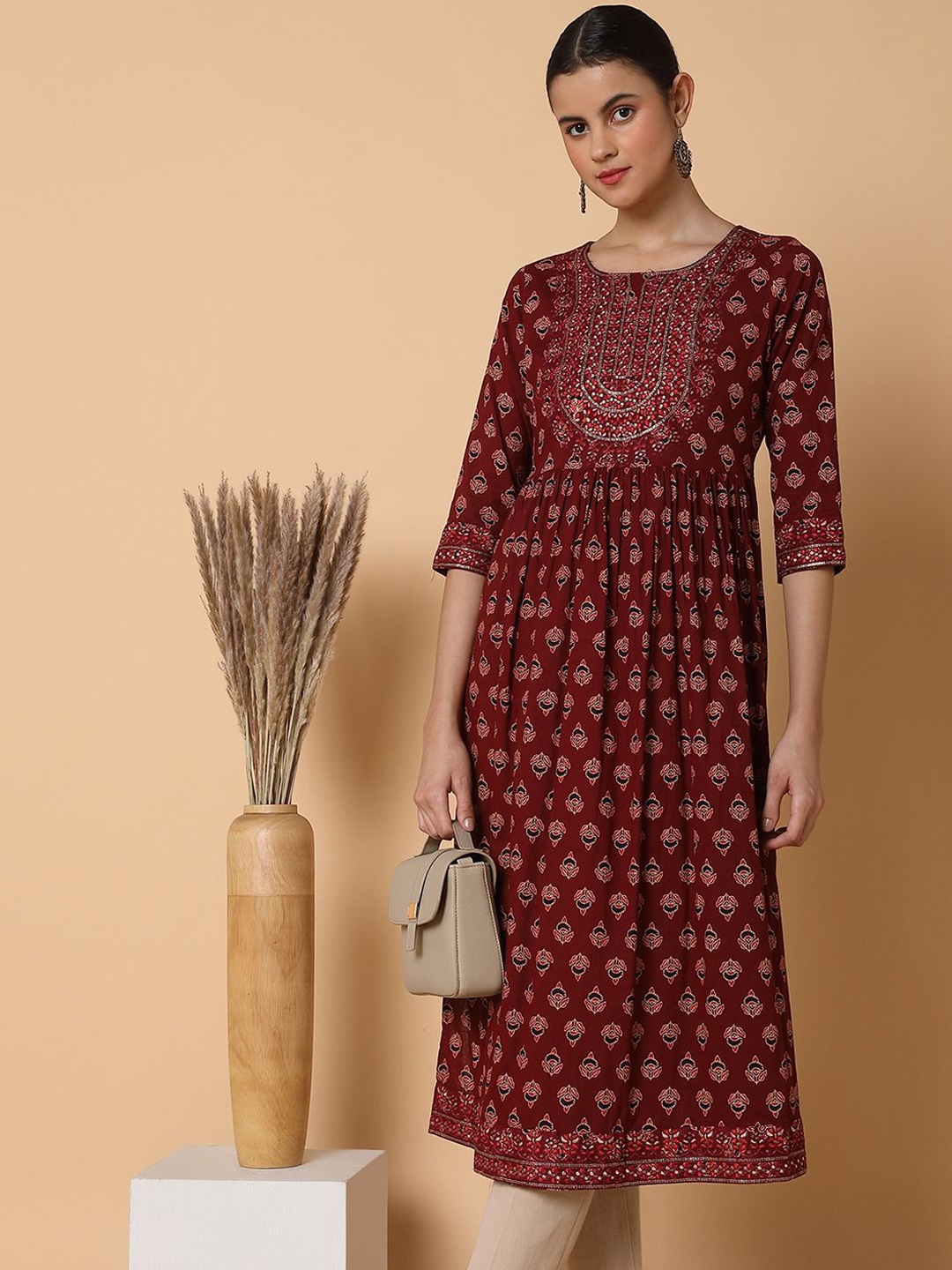 

SHOWOFF Ethnic Motifs Printed Anarkali Kurta, Maroon