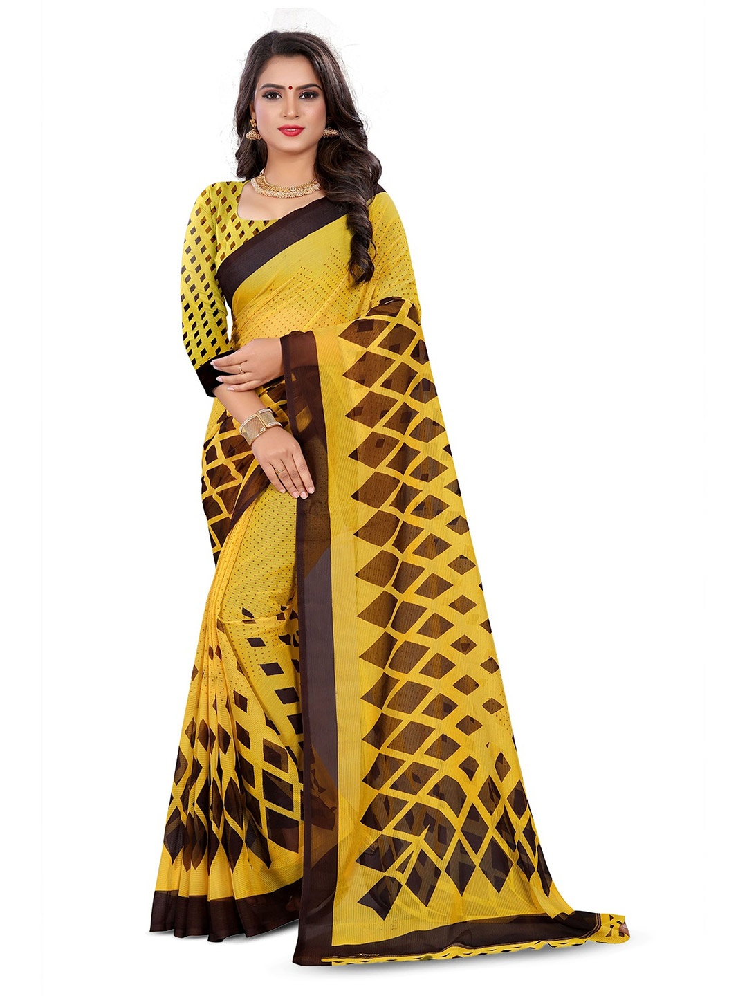 

RUNAYA NX Geometric Pure Georgette Saree, Yellow