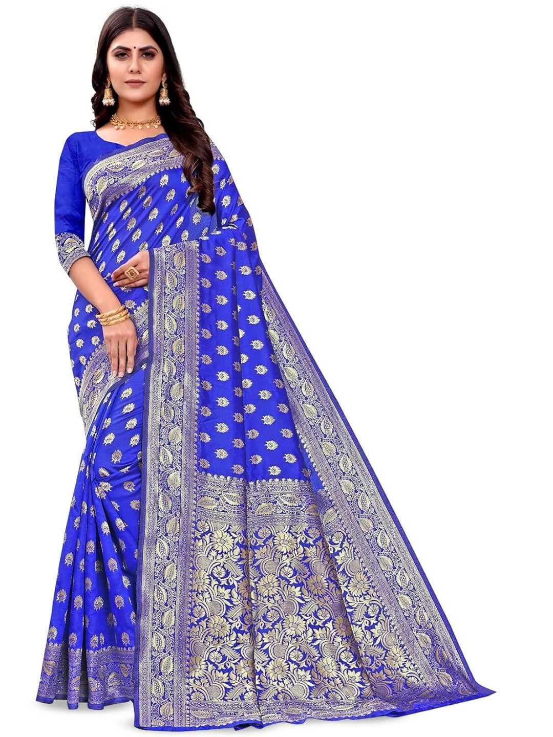 

LEAFFEB Woven Design Zari Pure Silk Banarasi Saree, Blue