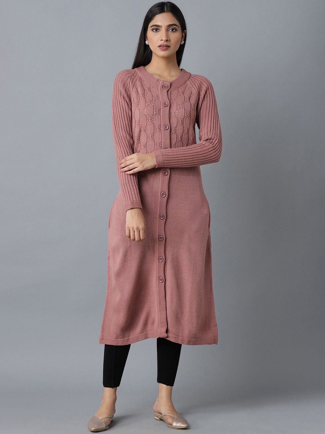 

W Women Acrylic Longline Tailored Jacket with Embroidered, Pink