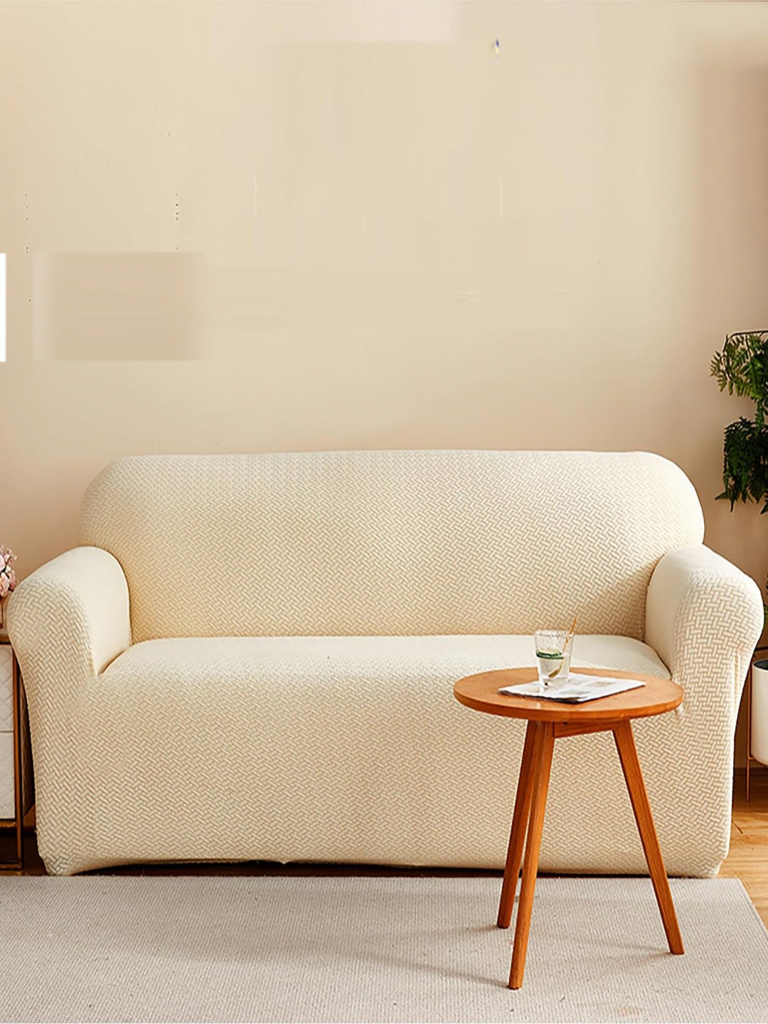 

HOUSE OF QUIRK Cream Self Design Polar Fleece 220 GSM 5 Seater Stretchable Sofa Slipcover