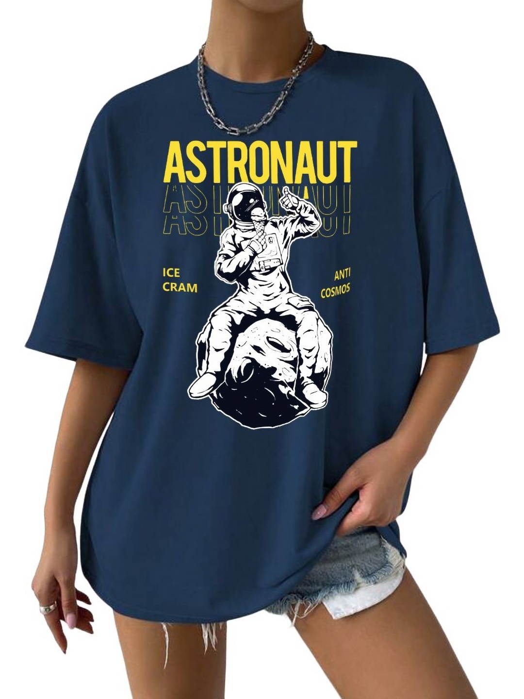

TABADTOD Women Printed Applique T-shirt, Navy blue