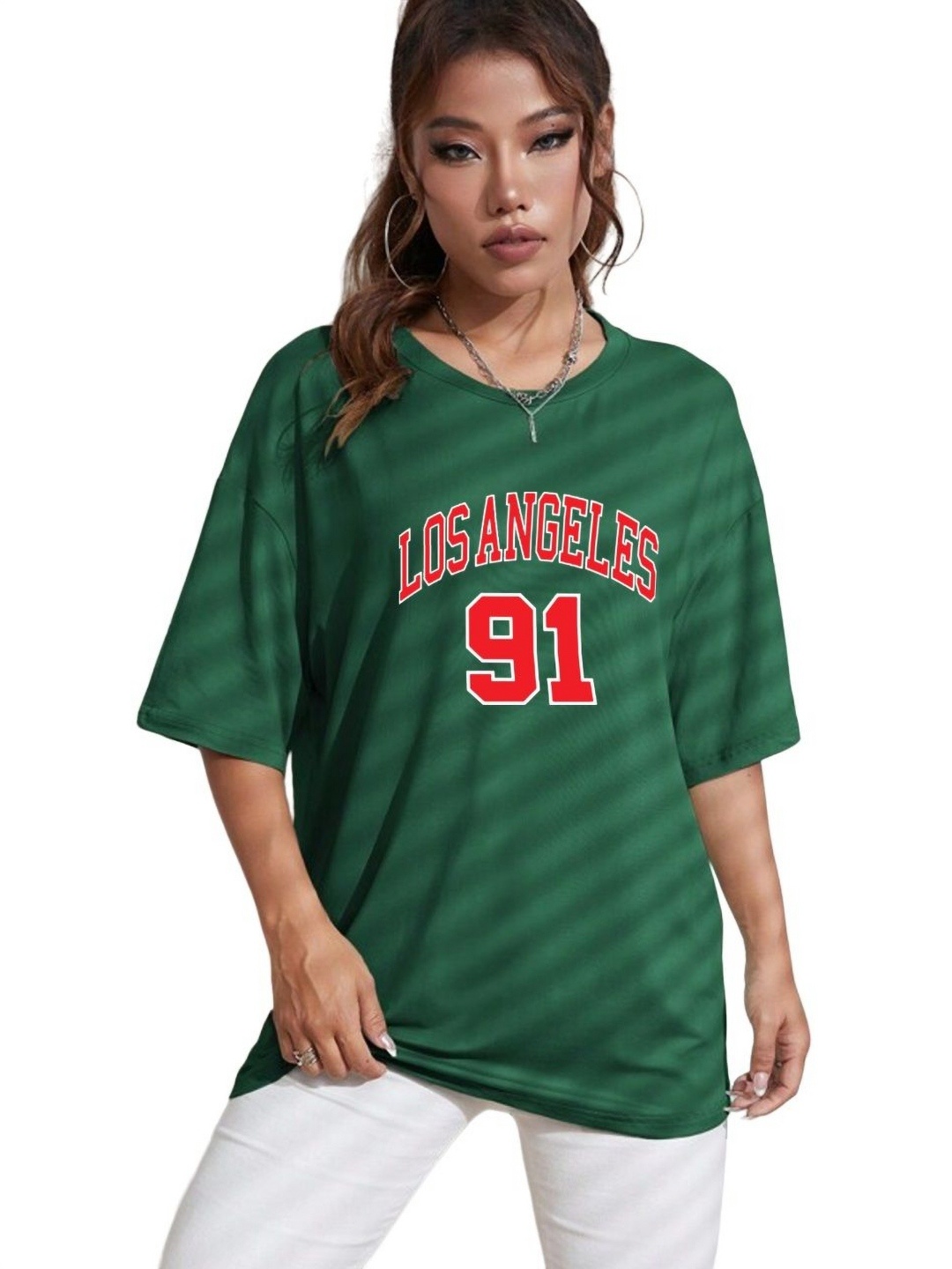 

TABADTOD Women Varsity Printed Drop Shoulder Sleeves Oversized T-shirt, Green