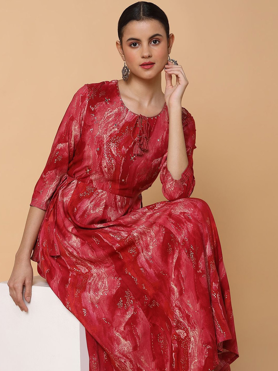 

SHOWOFF Printed Tie-Up Neck Anarkali Kurta, Pink
