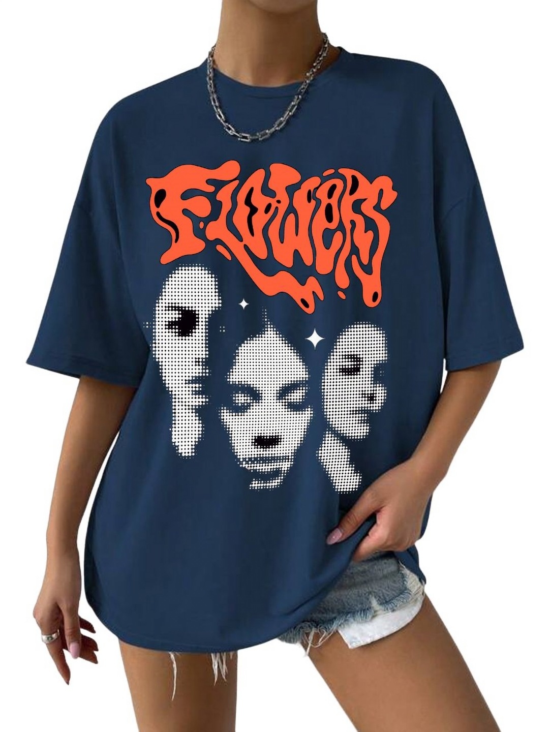 

TABADTOD Women Typography Printed Raw Edge T-shirt, Navy blue