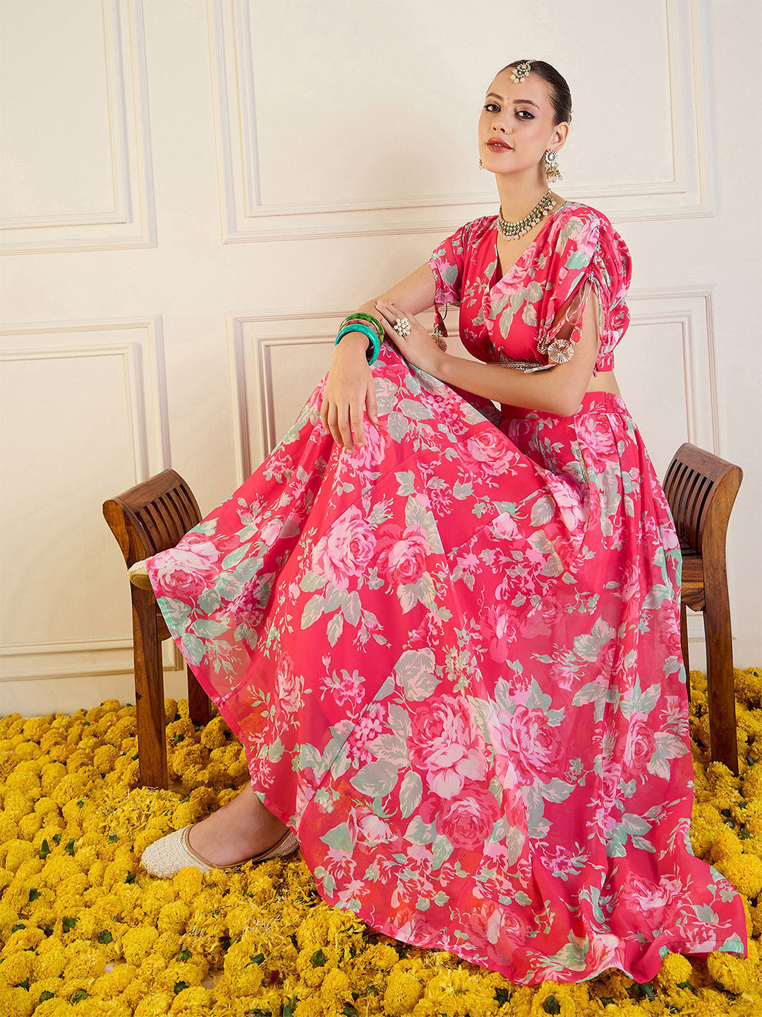 

Shae by SASSAFRAS Printed Ruched Sleeves Gotta Patti Ready to Wear Lehenga & Choli, Red