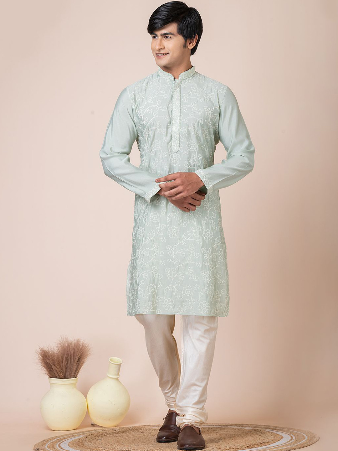 

HU - Handcrafted Uniquely Floral Embroidered Mandarin Collar Chanderi Silk Straight Kurta, Blue
