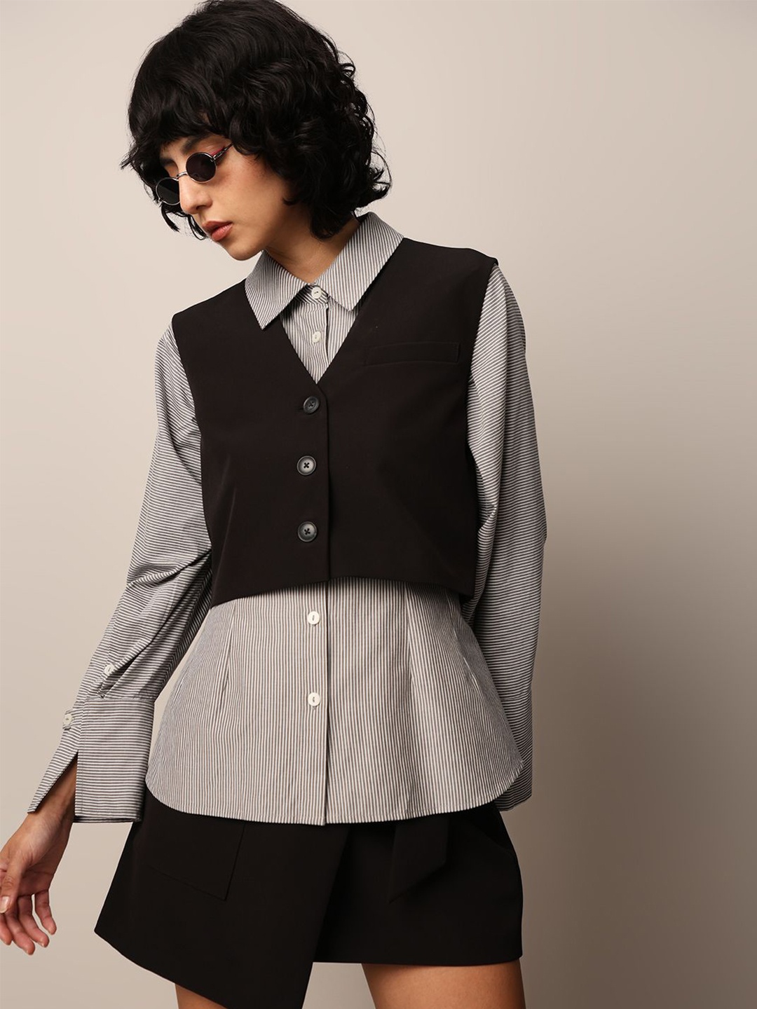 

ONLY Women Striped Spread Collar Oversized Casual Shirt, Grey