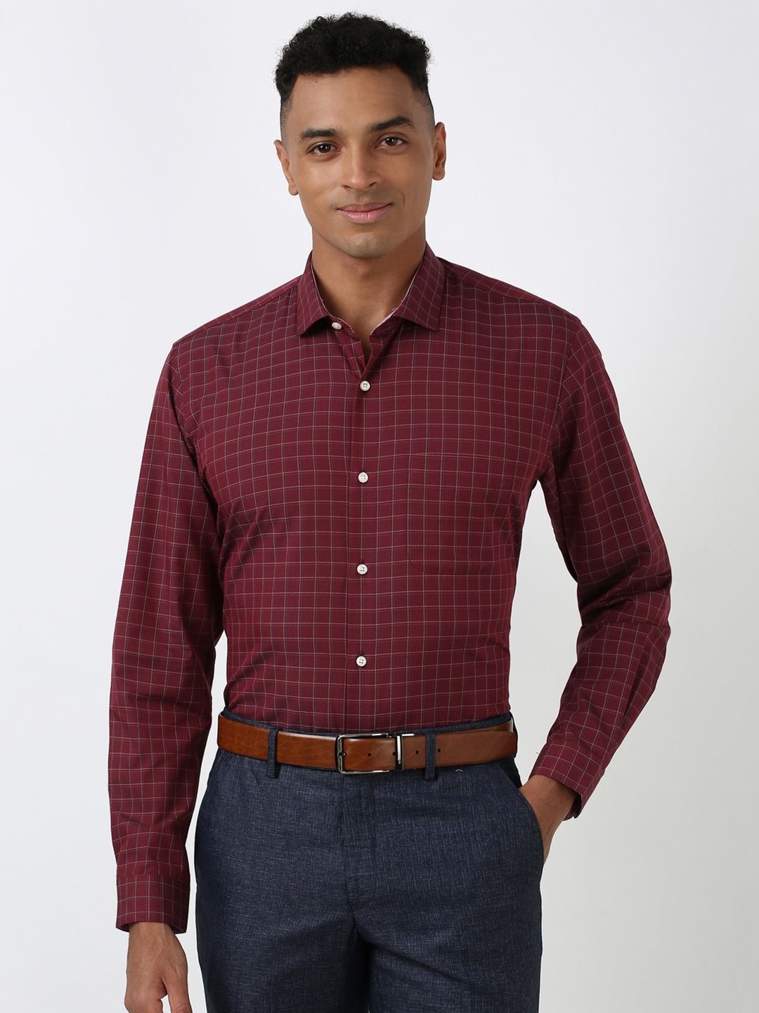 

Peter England Men Spread Collar Grid Tattersall Checks Checked Cotton Formal Shirt, Maroon