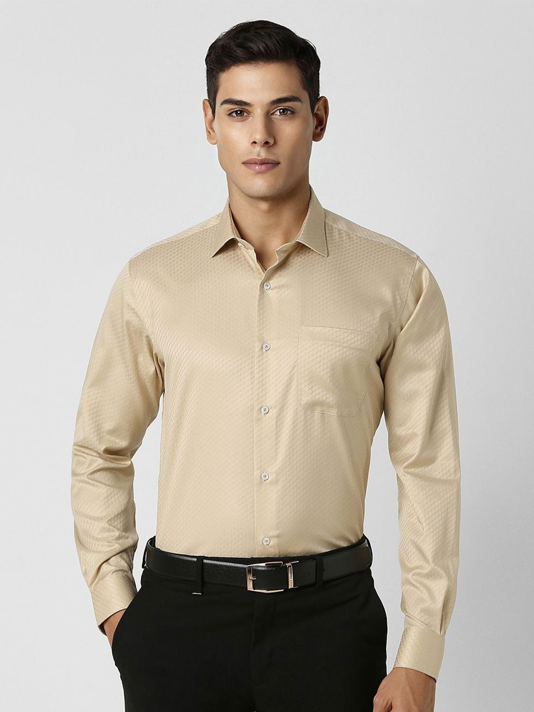 

Van Heusen Men Spread Collar Micro Ditsy Printed Cotton Formal Shirt, Khaki