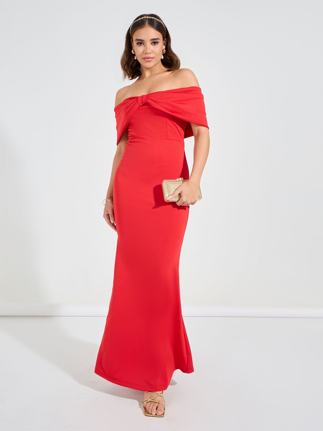 

Styli Women Cherry Red Off Shoulder Bow Style Bodycon Maxi Dress