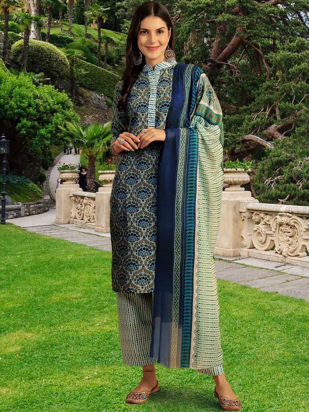 

Ethnic basket Floral Printed Pure Cotton Kurta with Trousers & With Dupatta, Teal