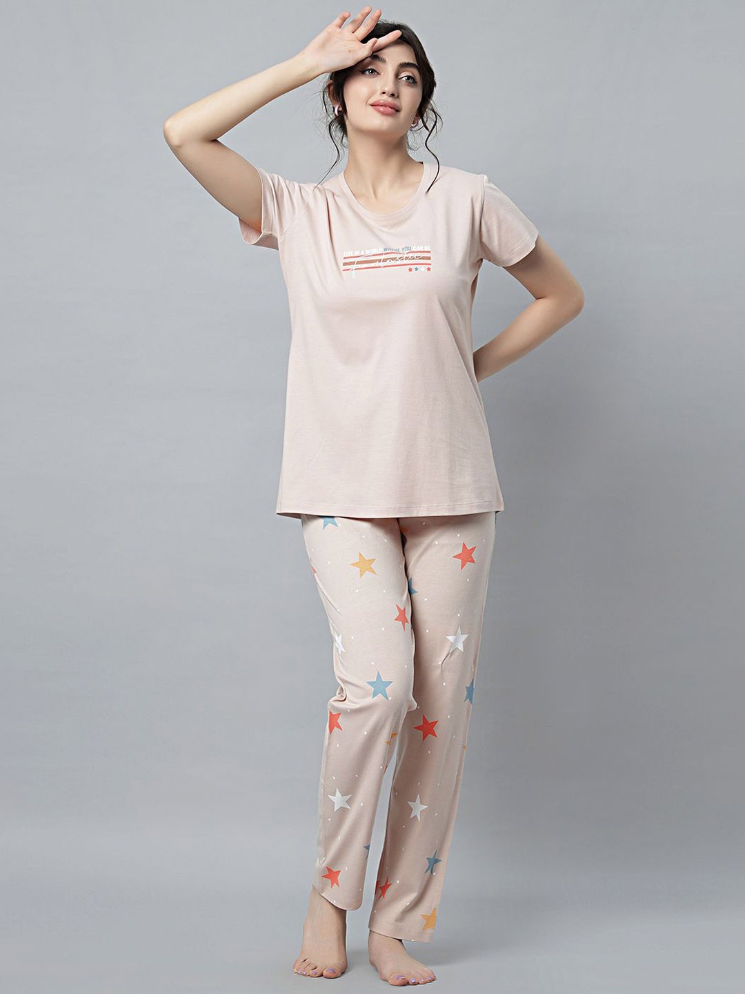 

QUIRA Women Pure Cotton Printed Night suit, Pink