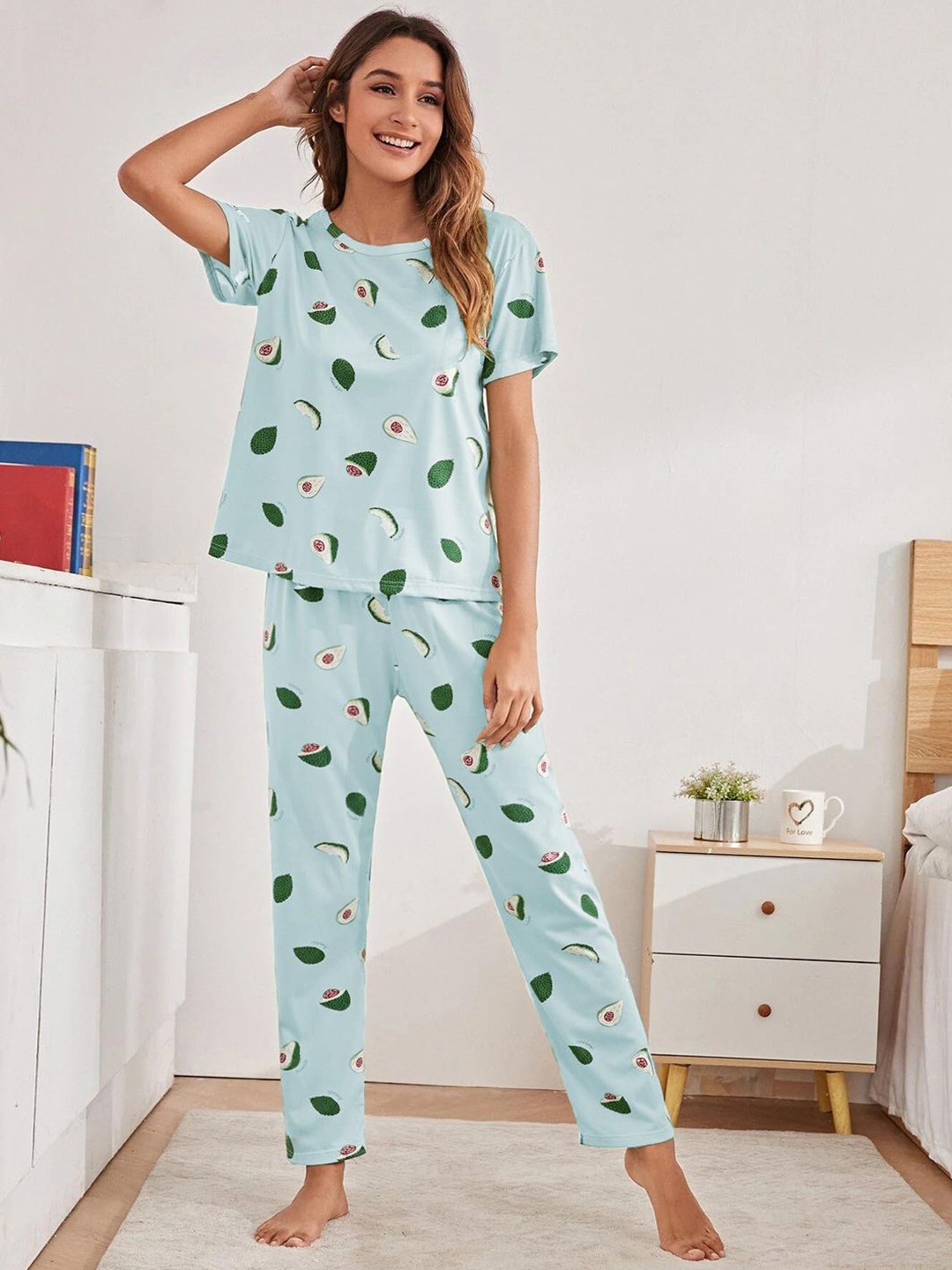 

styledose Women Printed Round Neck Satin Nightsuit, Blue