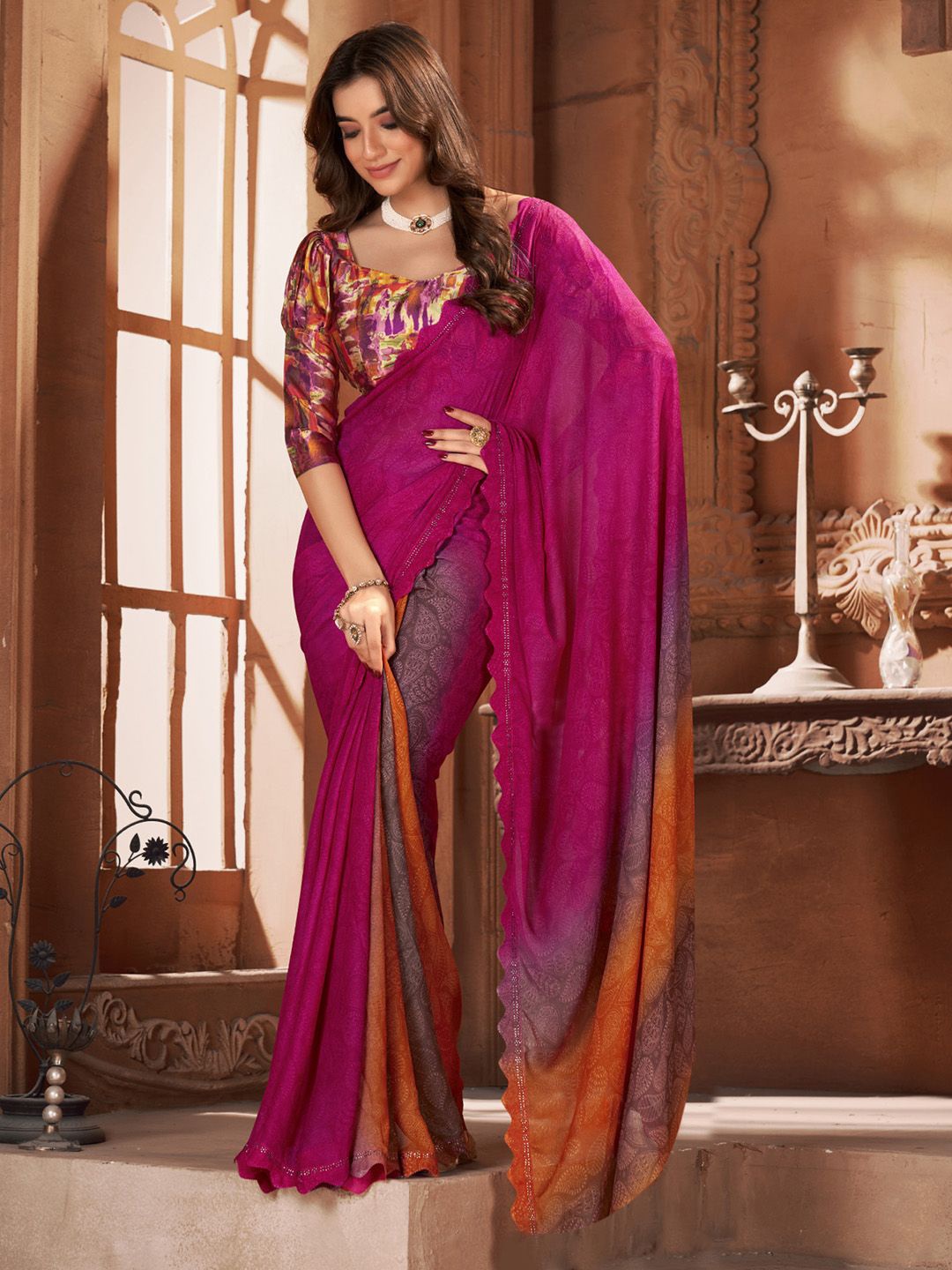 

Saree mall Ethnic Motifs Beads and Stones Sarees, Pink