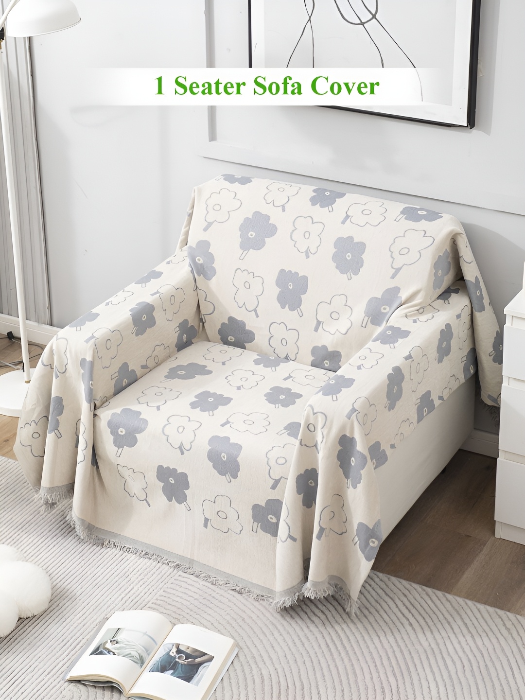 

HOKIPO Off-White & Grey Floral Printed Single Seater Sofa Throw