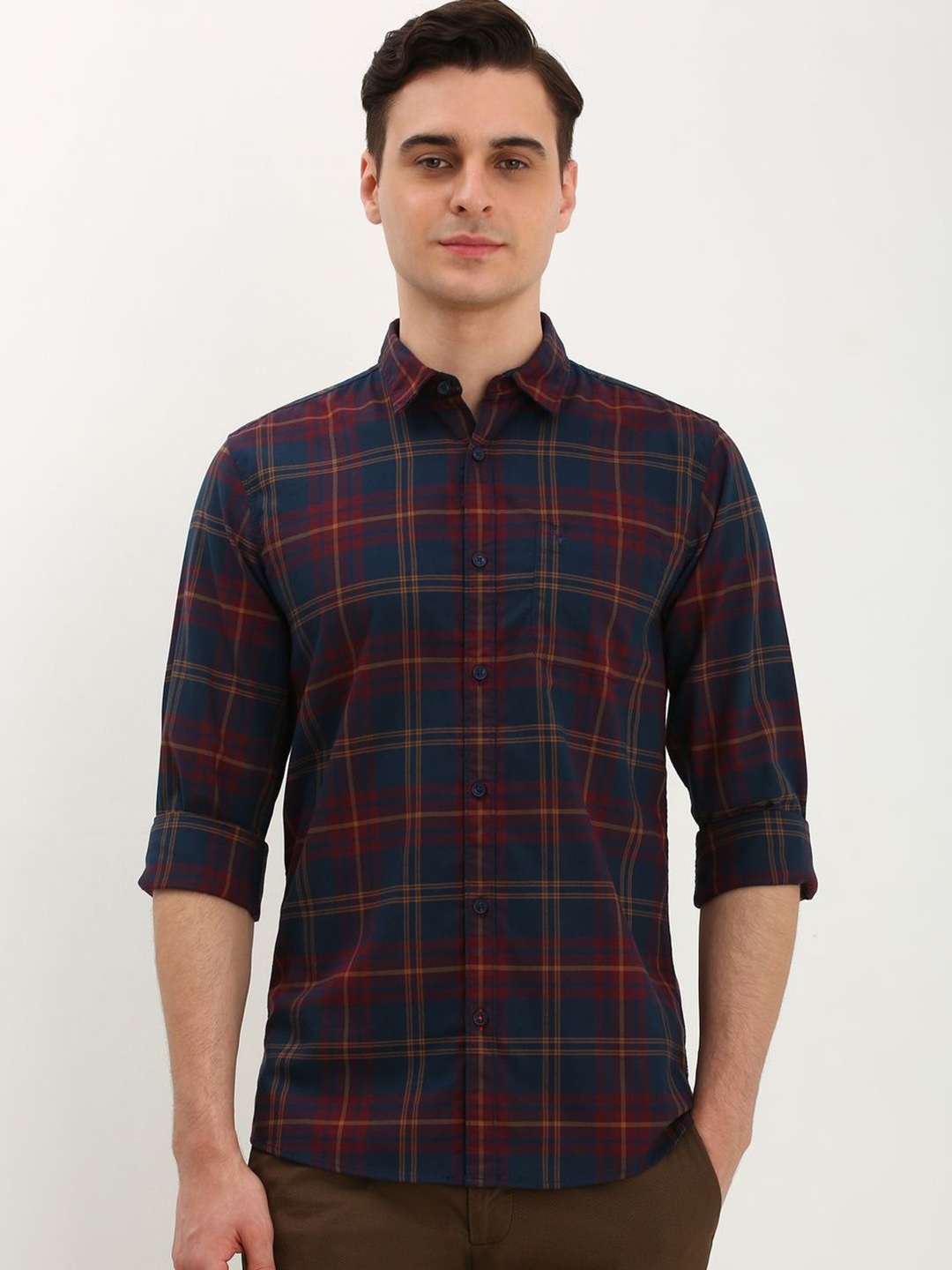 

Allen Solly Men Custom Spread Collar Tartan Checked Pocket Detailing Cotton Casual Shirt, Navy blue