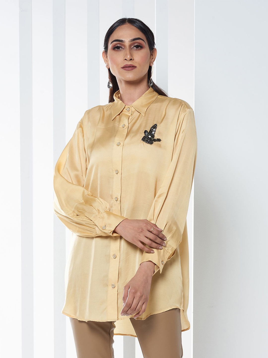 

SEVENDC Batwing Sleeve Satin Boxy Longline Top, Beige