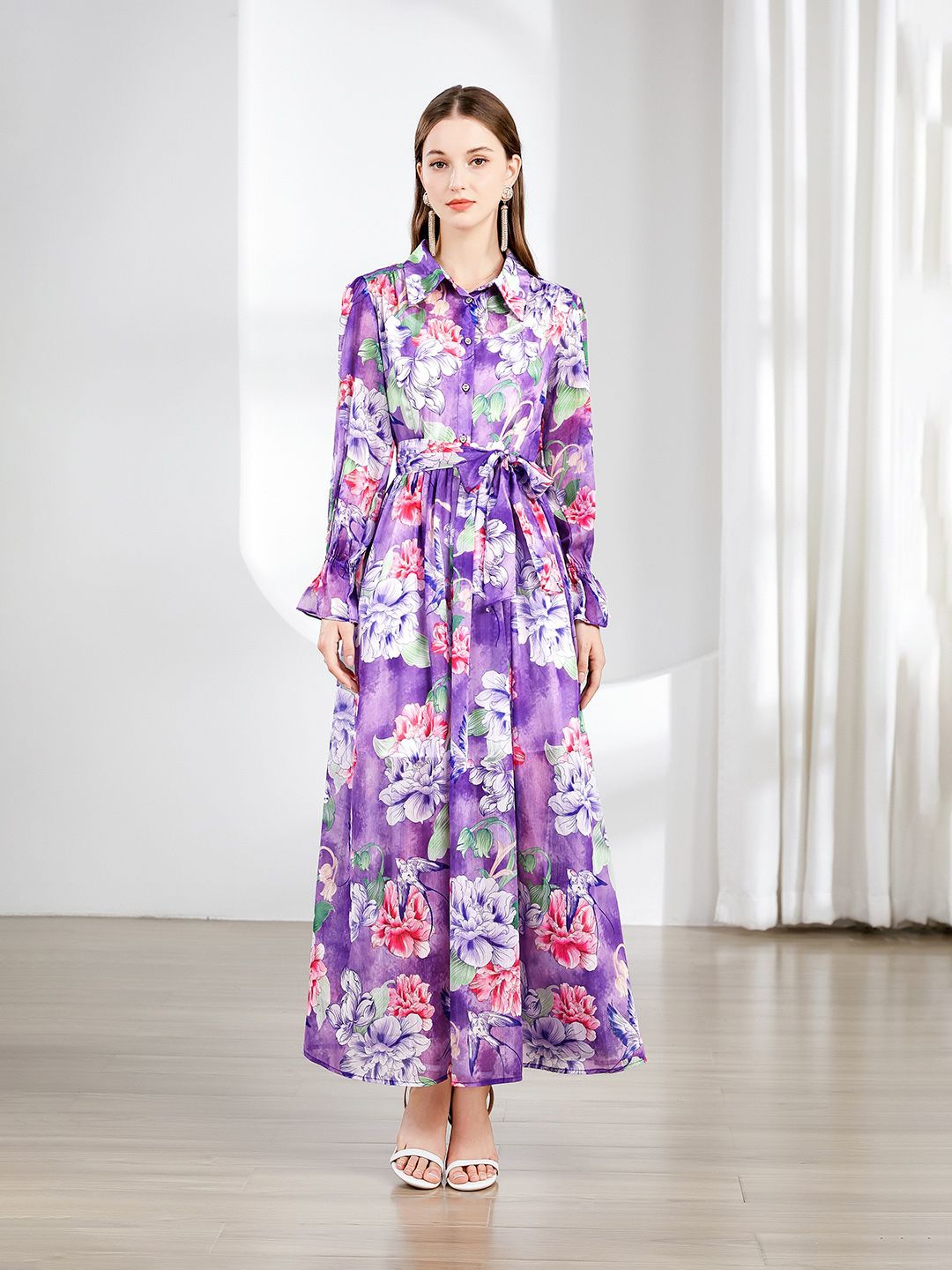 

JC Collection Floral Printed Shirt Collar Fit and Flare Maxi Dress, Purple