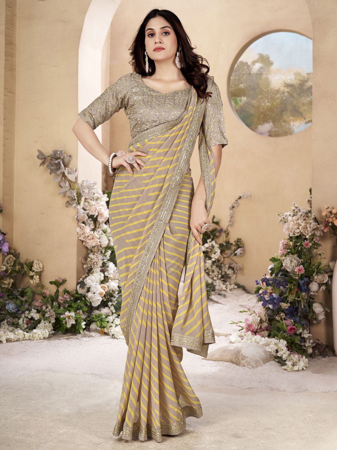 

Saree mall Sequinned Zari Embroidered Leheriya Sarees, Beige