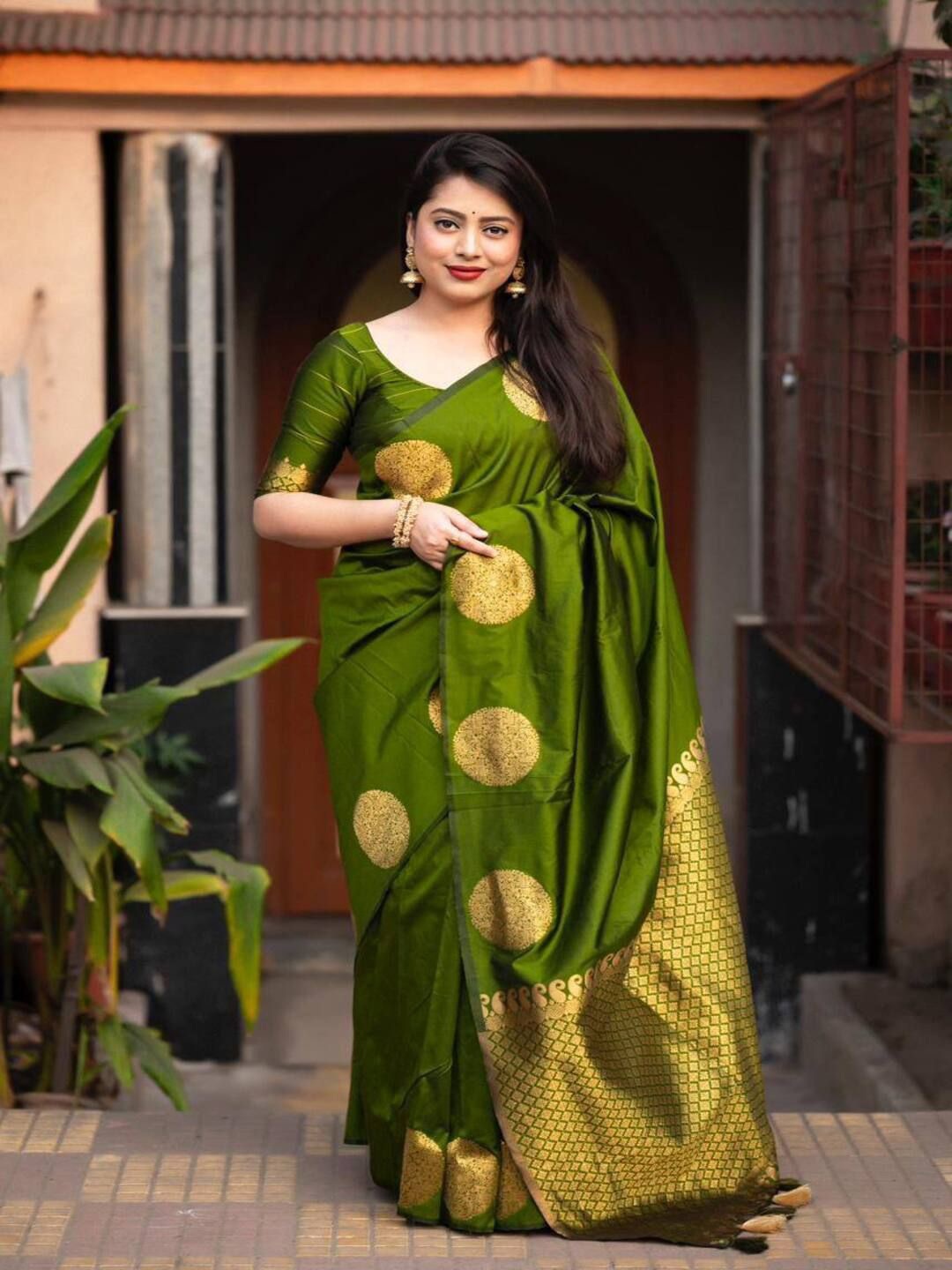 

SANJANA SILK Ethnic Motifs Zari Art Silk Chanderi Saree, Sea green