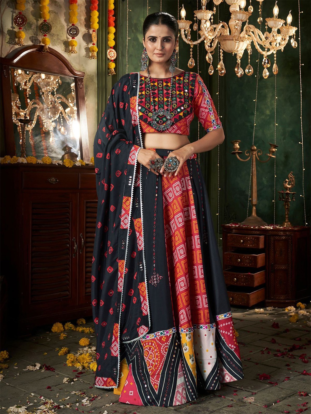 

ODETTE Embellished Mirror Work Cotton Ready to Wear Lehenga & Blouse With Dupatta, Black