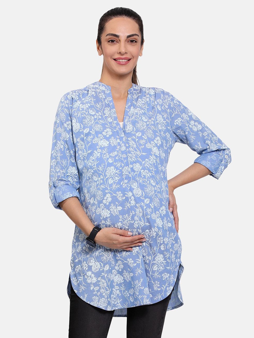 

MINI KLUB Floral Printed Mandarin Collar Roll-Up Sleeve Pure Cotton Chambray Maternity Top, Blue