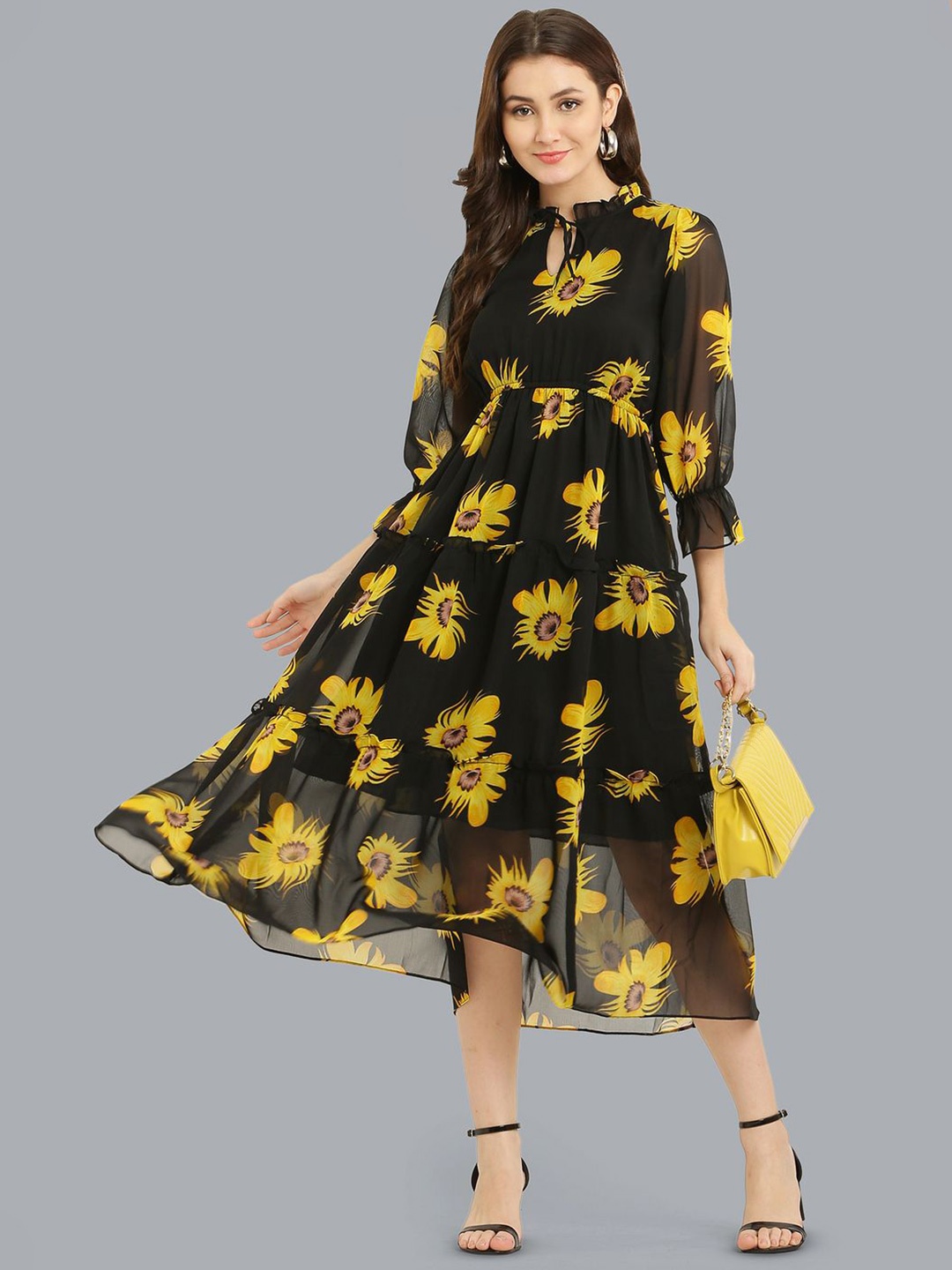 

Absorbing Floral Puff Sleeve Georgette Empire Midi Dress, Yellow