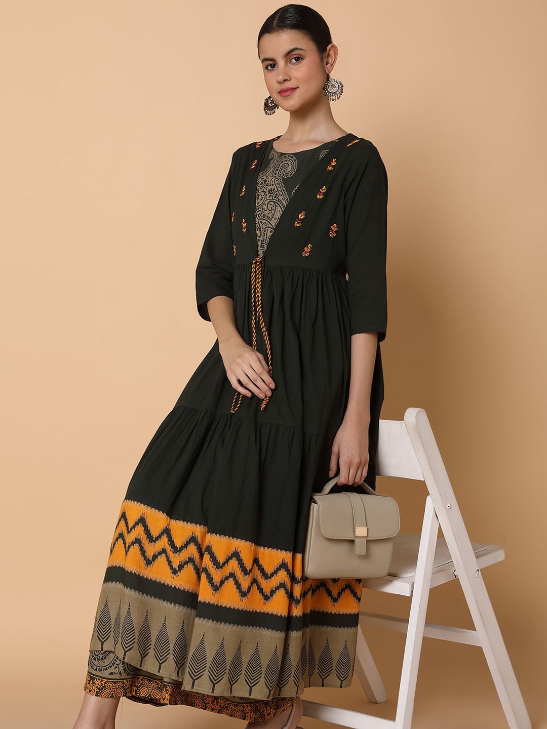 

SHOWOFF Ethnic Motifs Printed Round Neck Pleated Anarkali Kurta With Shrug, Green