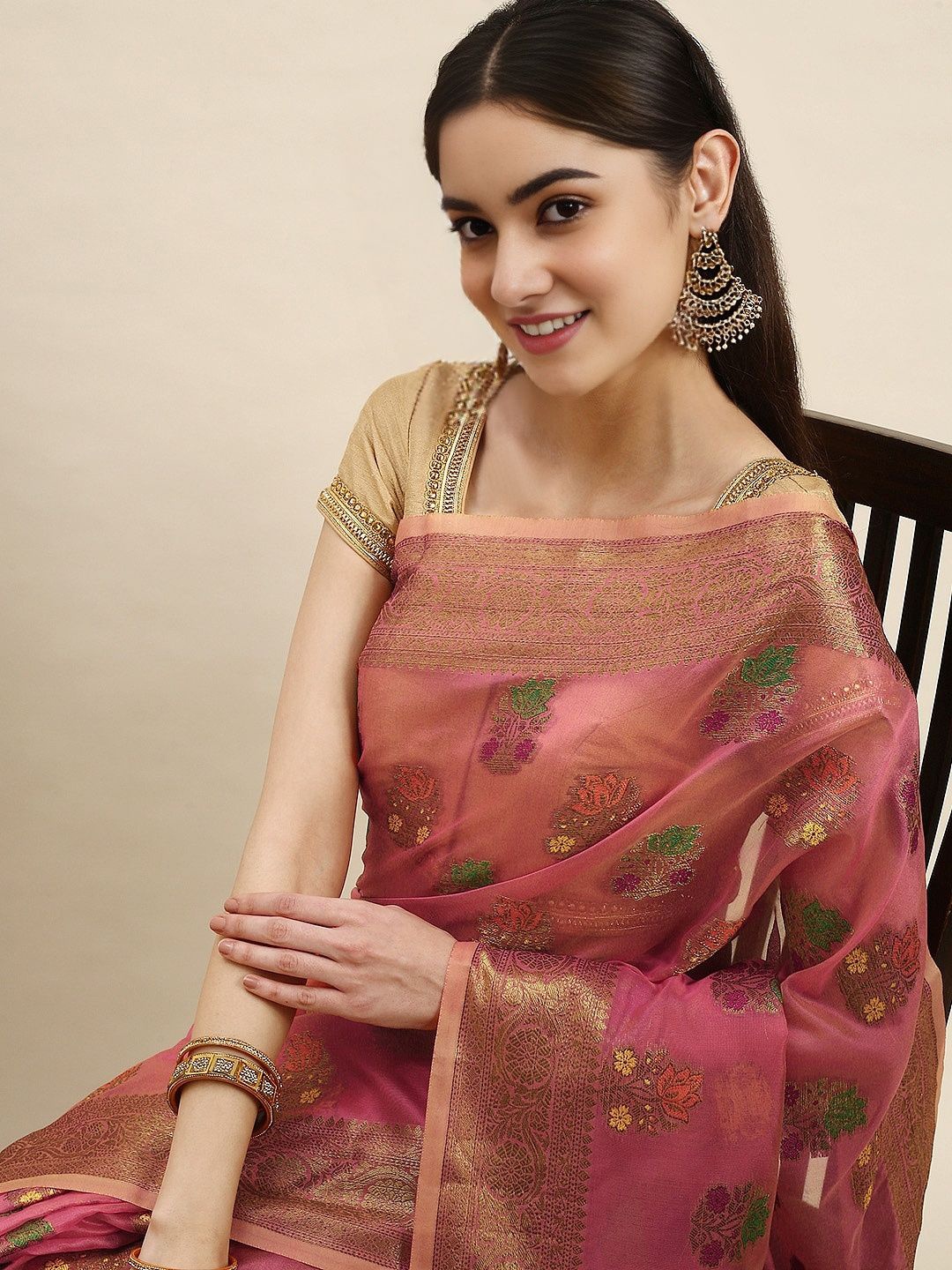 

KIMISHA Ethnic Motifs Zari Woven Banarasi Saree, Peach