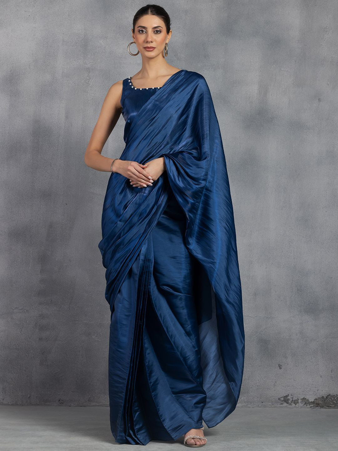 

Rang by Indya Shimmer Satin Ready to Wear Saree with Pearl Embellished Blouse, Blue