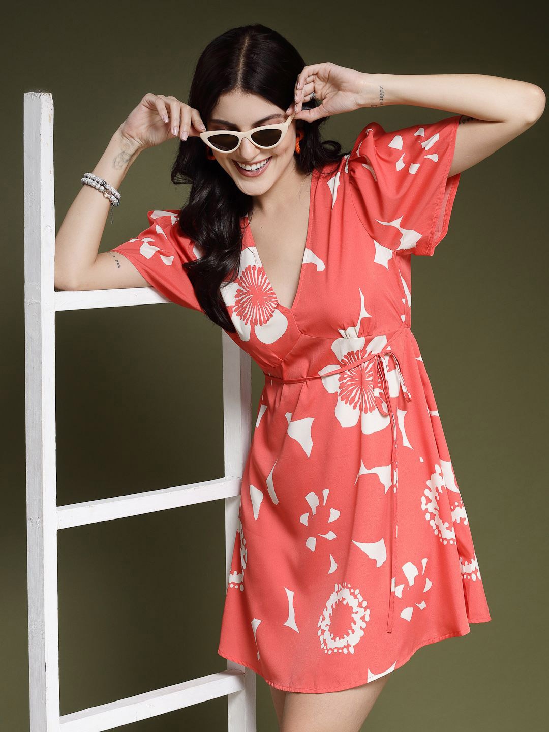 

EVERYDAY by ANI Floral Printed Flared Sleeve Crepe A-Line Mini Dress, Orange