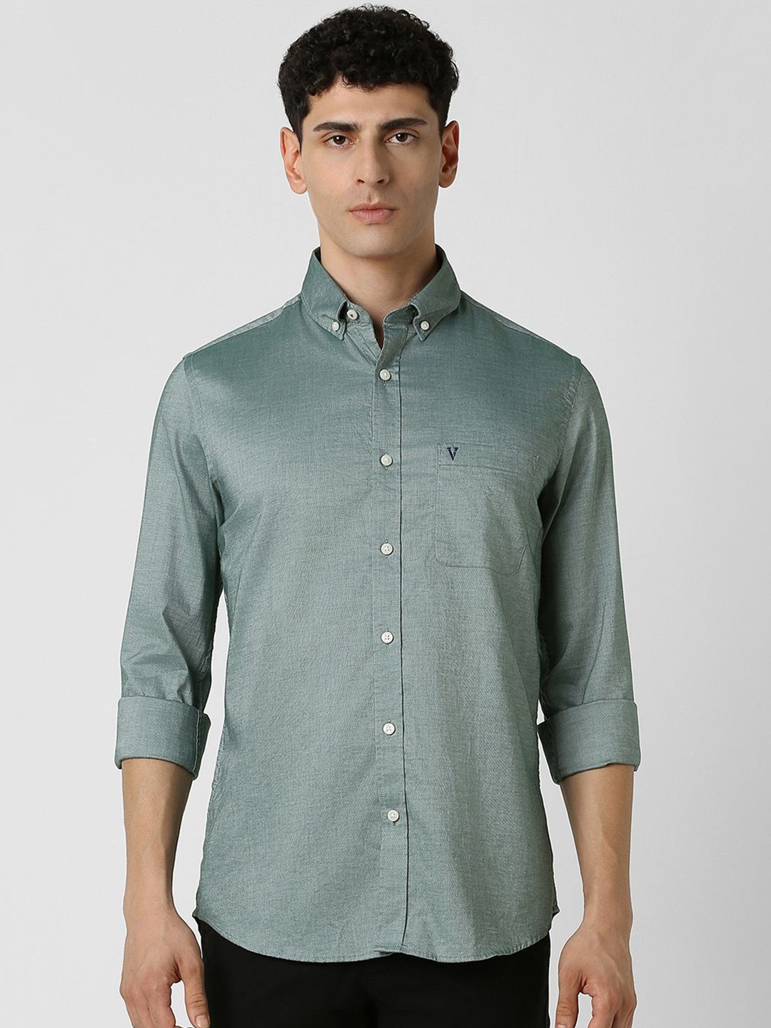 

Van Heusen Men Button-Down Collar Solid Cotton Slim Fit Formal Shirt, Green
