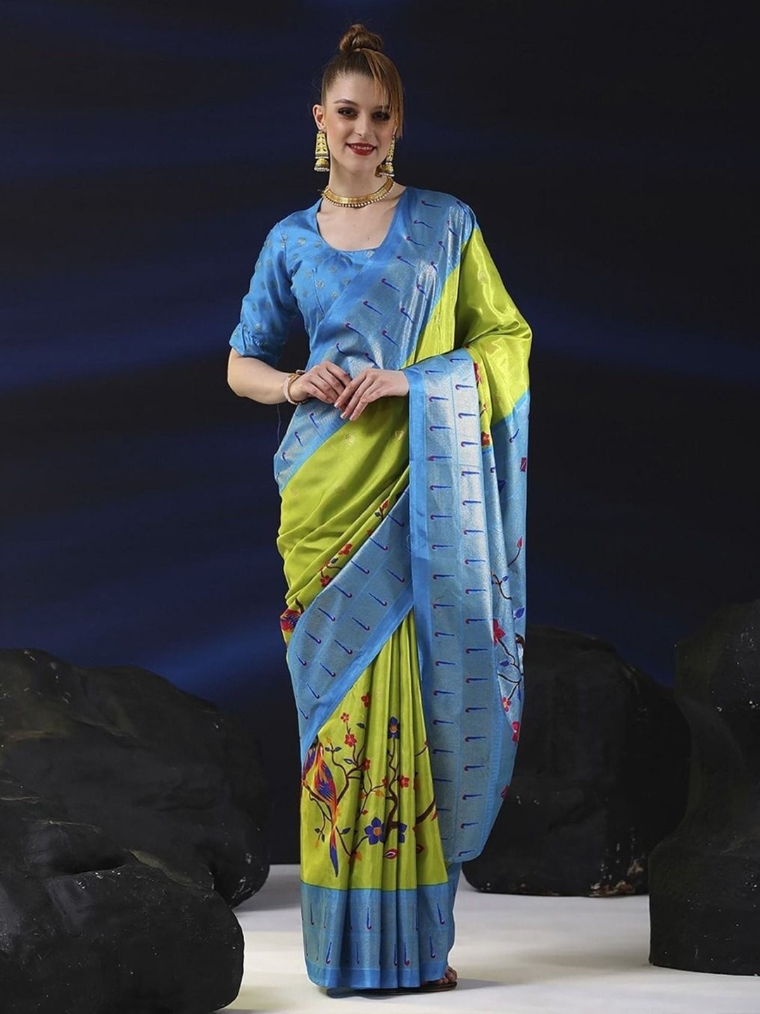 

Sanwariya Ethnic Motifs Zari Chanderi Saree, Lime green