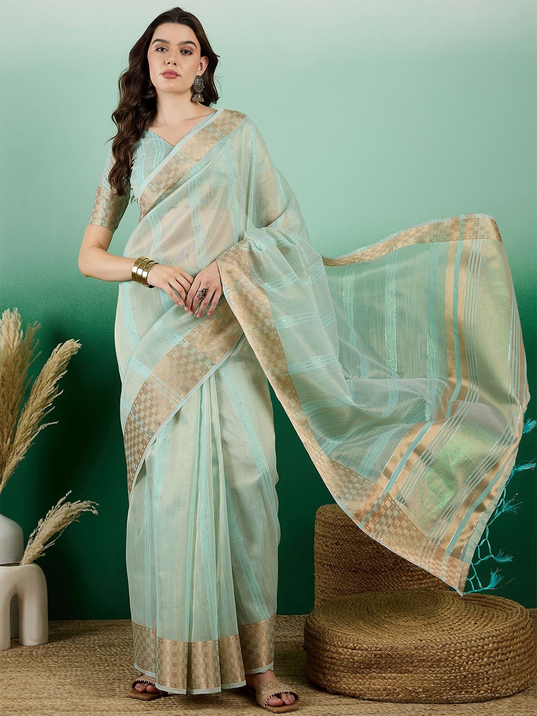 

VIRICA Striped Sequinned Organza Khadi Saree, Sea green