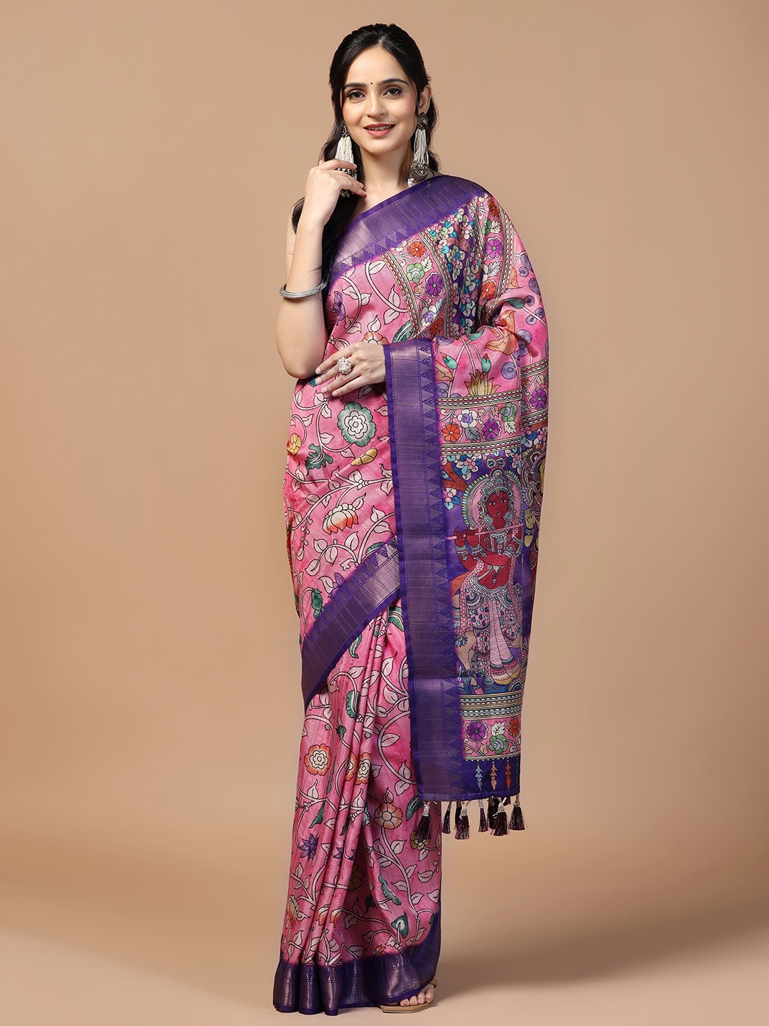 

Kaizen TEXO FAB Kalamkari Digital Print Zari Tusser Saree, Pink