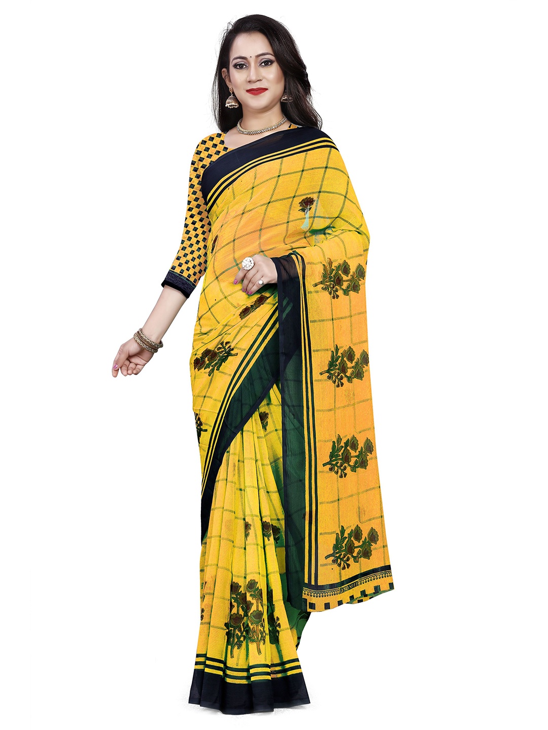 

RUNAYA NX Checked Pure Georgette Saree, Yellow