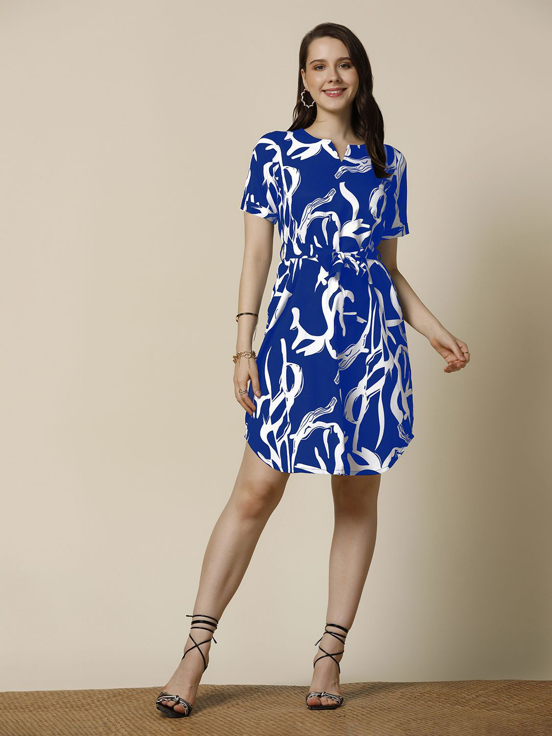 

OMPAX Women V-Neck Floral Print A-Line Above Knee Dress, Blue