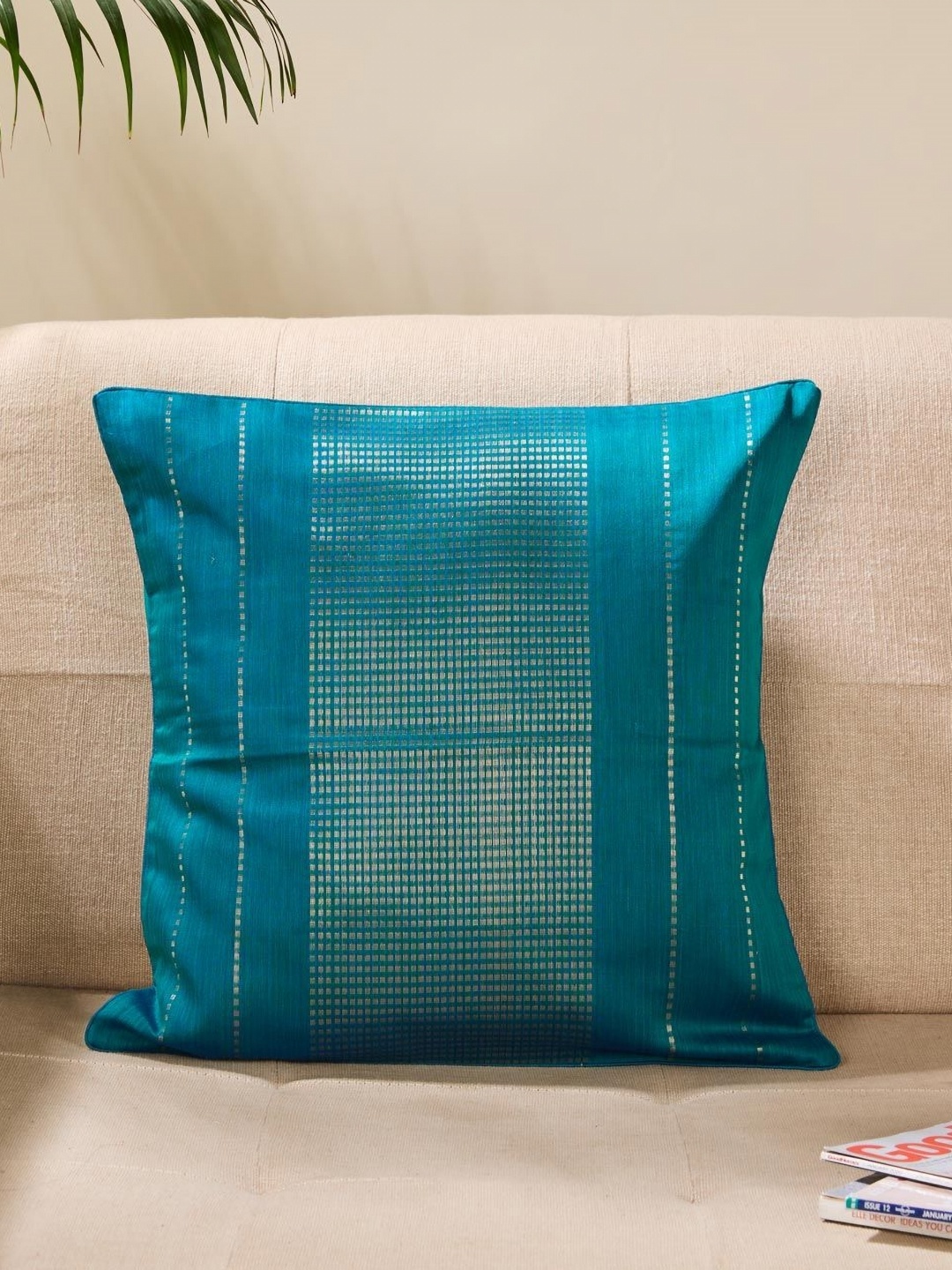 

Fabindia Teal Blue & Beige Geometric Cotton Silk Square Cushion Covers