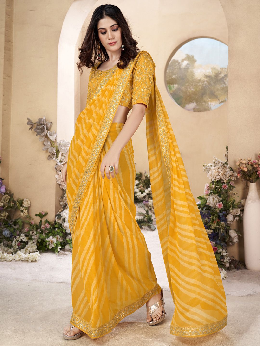 

Saree mall Sequinned Embroidered Leheriya Sarees, Yellow