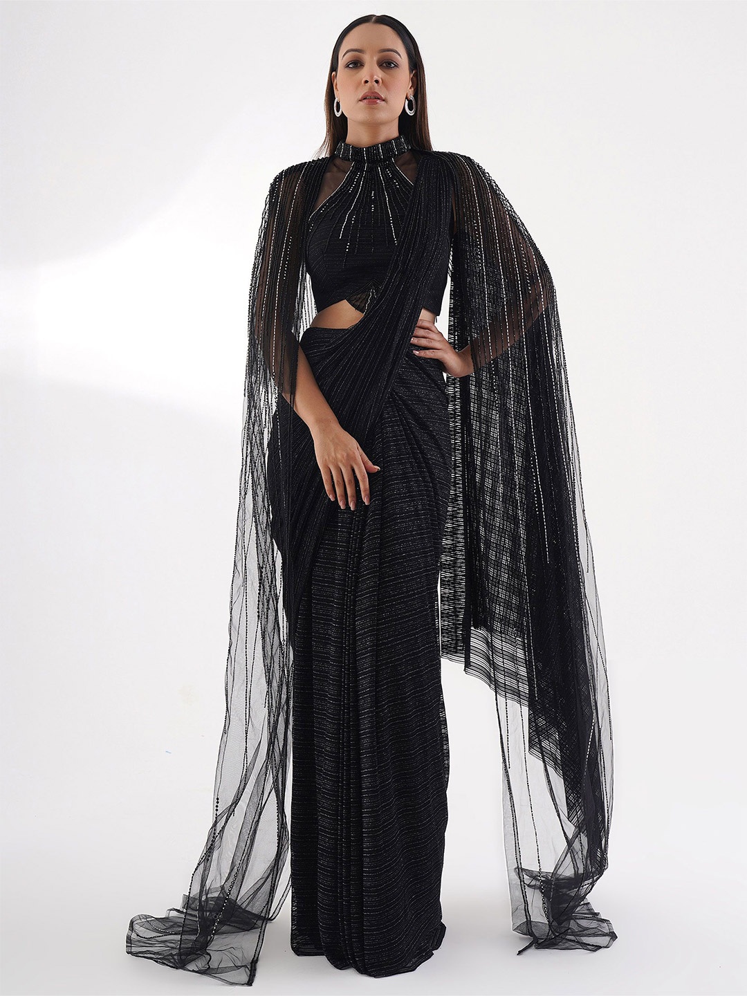 

Chaashni by Maansi & Ketan Striped Beads and Stones Saree, Black