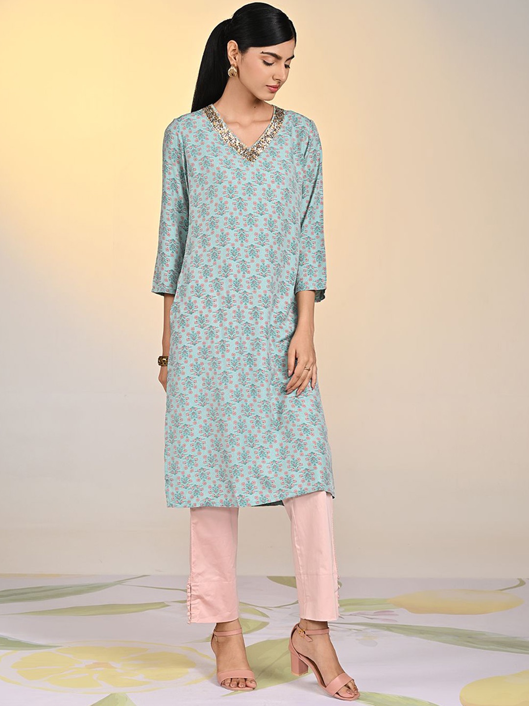 

Lakshita Floral Printed Sequinned V-Neck Straigth Kurta, Teal
