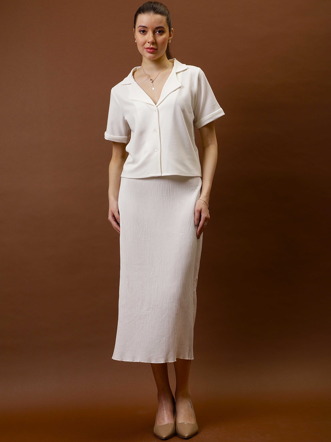 

Athena Lapel Collar Shirt With Pleated Skirt, White