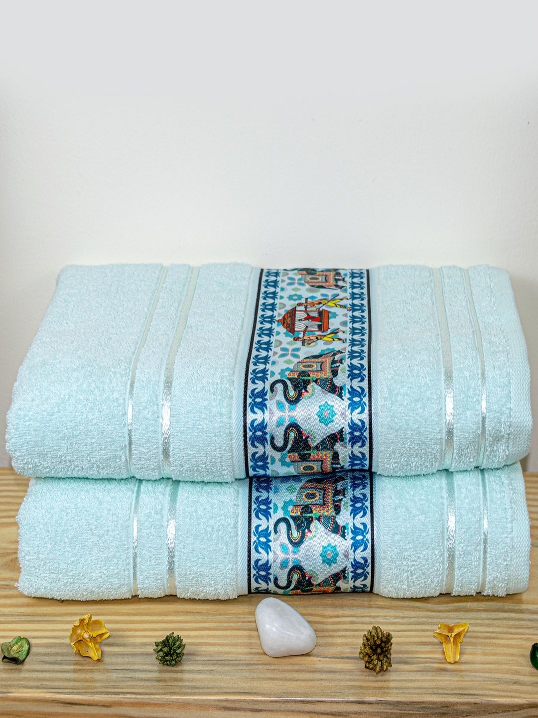 

RANGOLI Turquoise Blue & Silver Toned 2 Pieces Printed Pure Cotton 450 GSM Bath Towel