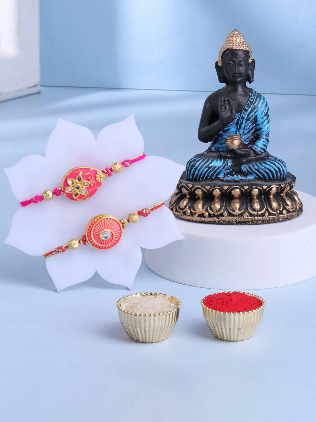 

Floweraura Set Of 3 Beaded Rakhis With Lord Buddha Idol Showpiece & Roli Chawal Gift Set, Gold