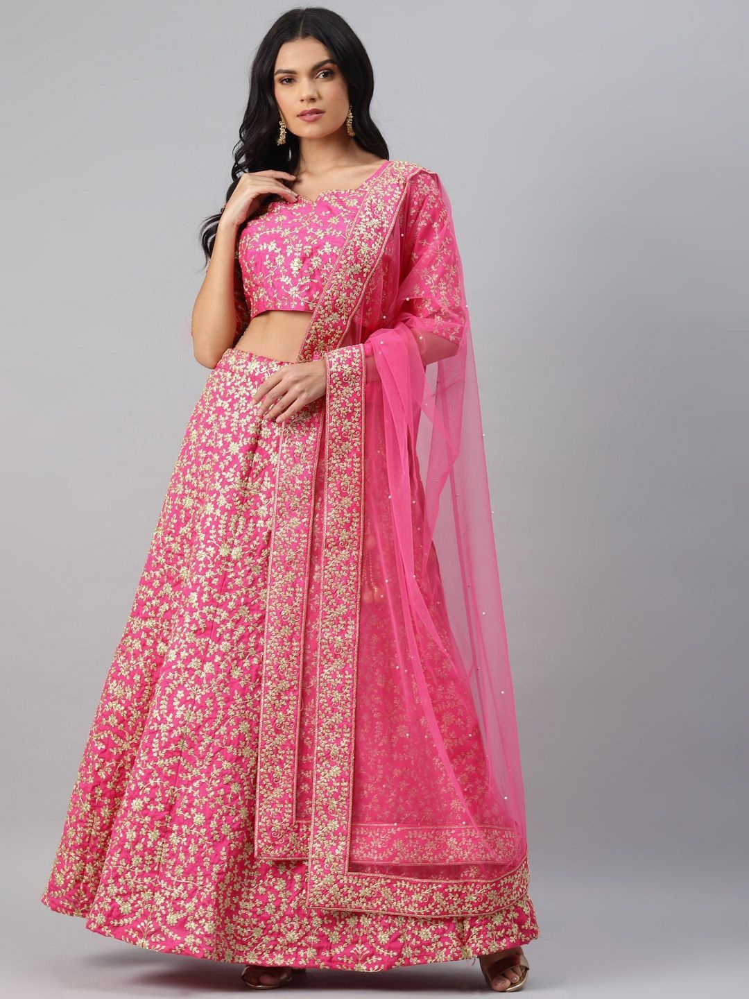 

FABPIXEL Embroidered Sequinned Silk Semi-Stitched Lehenga & Unstitched Blouse With Dupatta, Pink