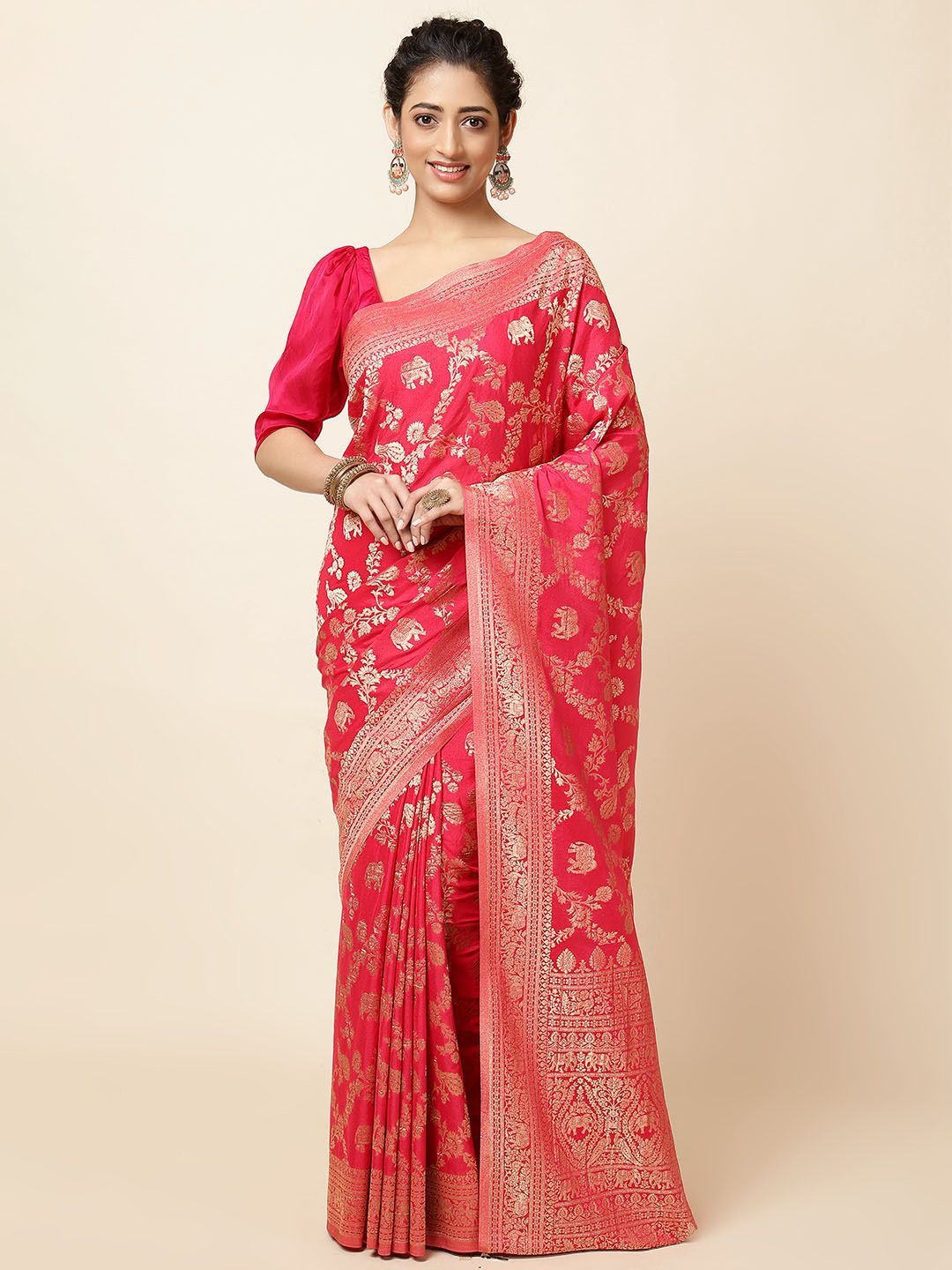 

Meena Bazaar Woven Design Zari Saree, Pink
