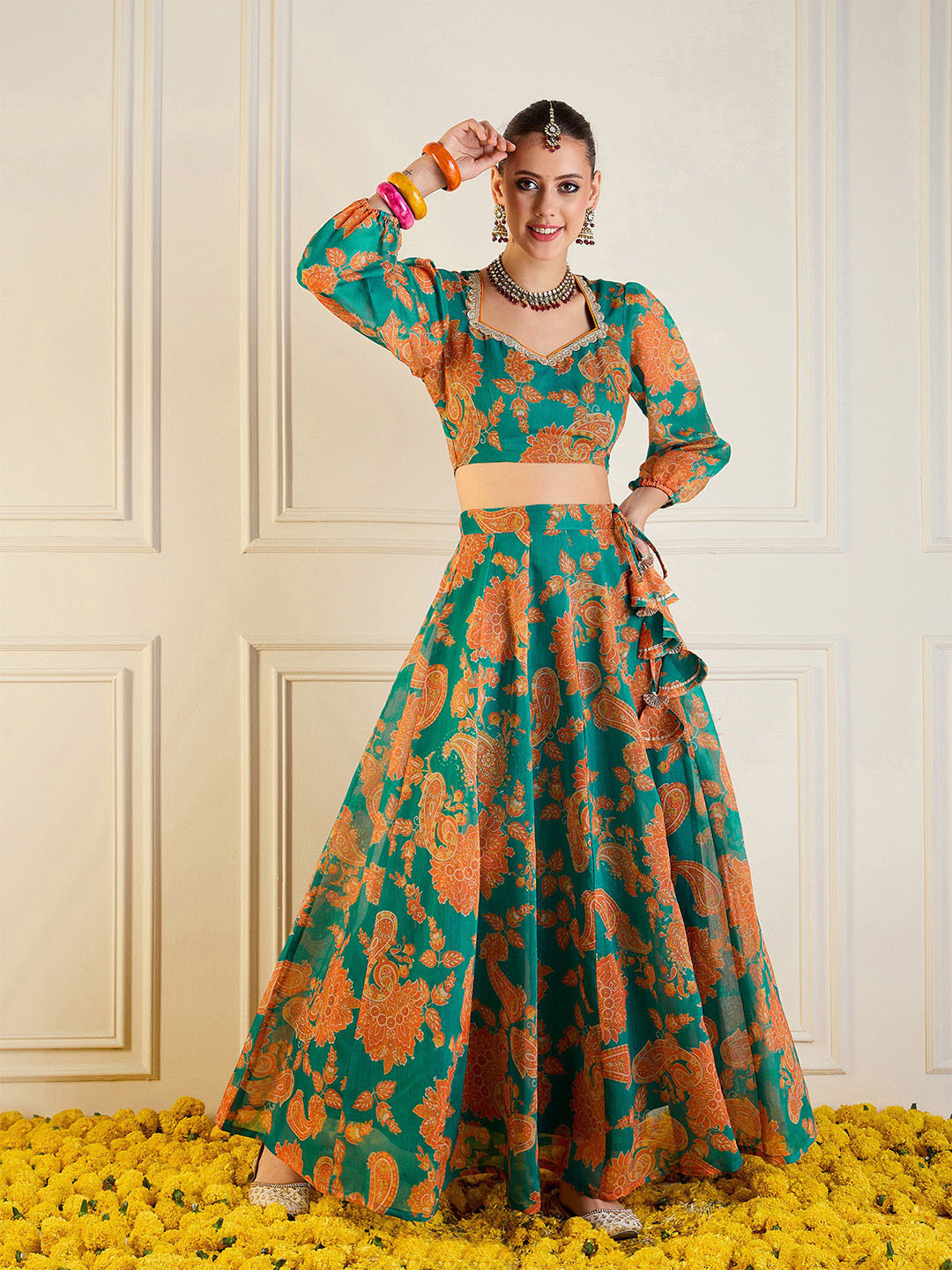 

Shae by SASSAFRAS Printed Sweetheart Neck Gotta Patti Ready to Wear Lehenga & Choli, Green